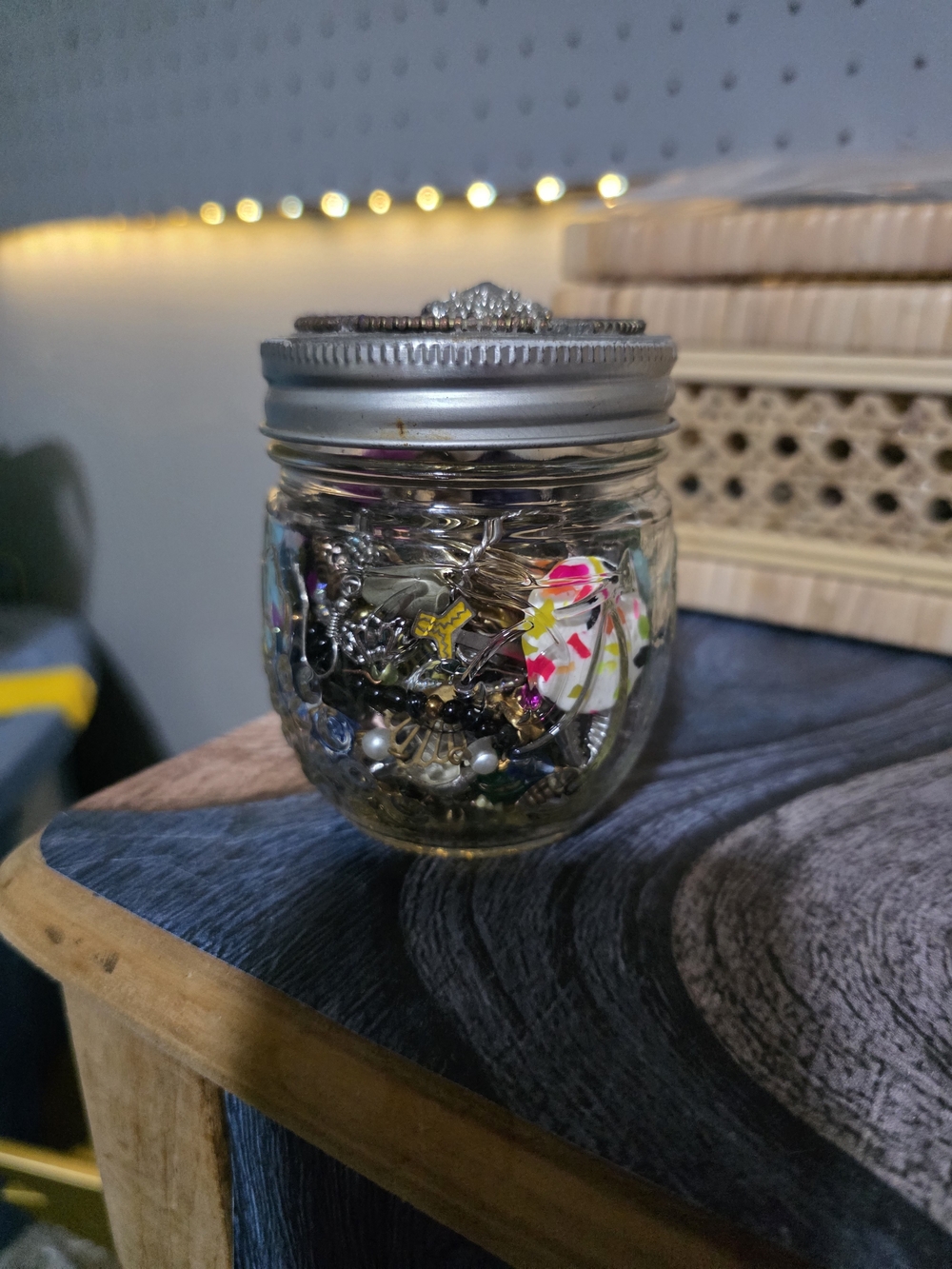 Mystery Small Glass Mason Jar Filled with Assorted Jewelry - Clear & Silver Lid